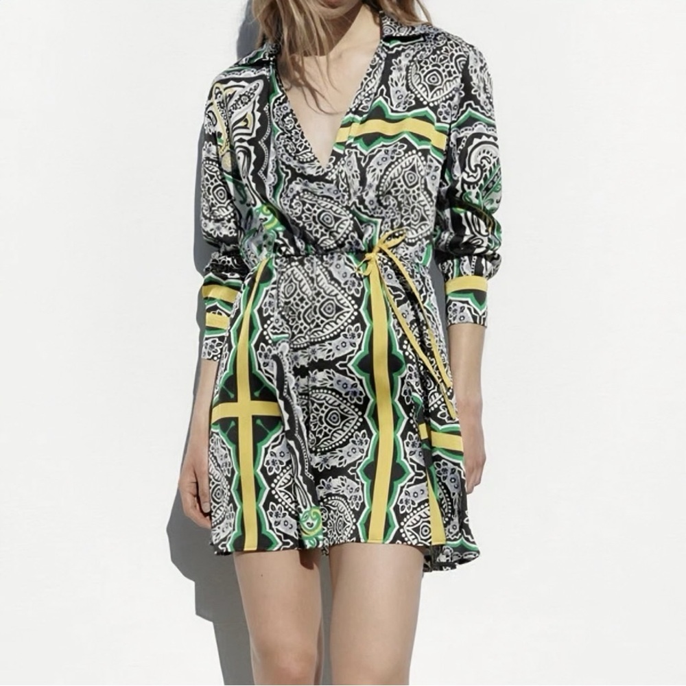 NWT Zara Multicolor Paisley Bandana Print Satin Collared Faux Wrap Dress Size S